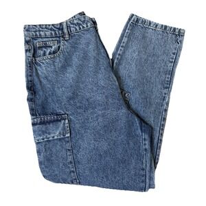 Boohoo Cargo Jeans Women USA 12 / UK 16 Acid Wash Denim Utility Pockets Straight